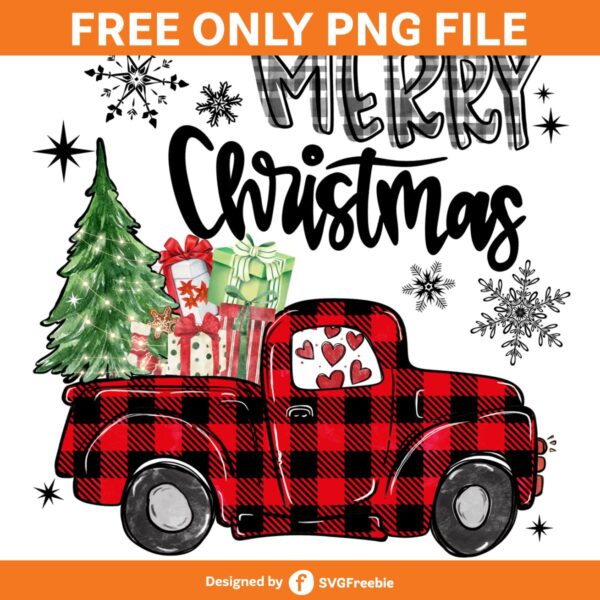 Merry Christmas Tree Plaid Red Truck PNG