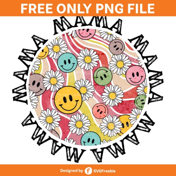 Mama Retro Groovy Smiley Face Daisy PNG