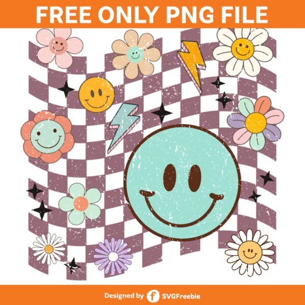 Retro Groovy Flower Smiley Face PNG