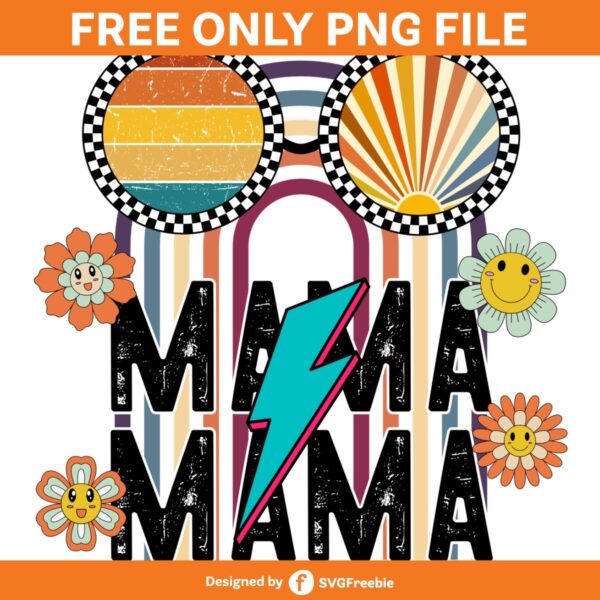 Mama Retro Groovy Smiley Flowers PNG